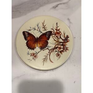 Vintage Tile Trivet Brown Butterfly in Flowers Retro Mid-Century 6"